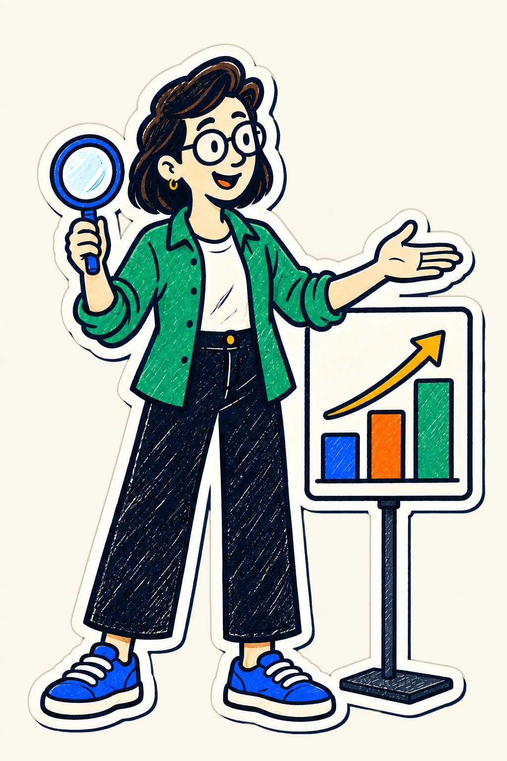 Illustrated woman examining a results chart