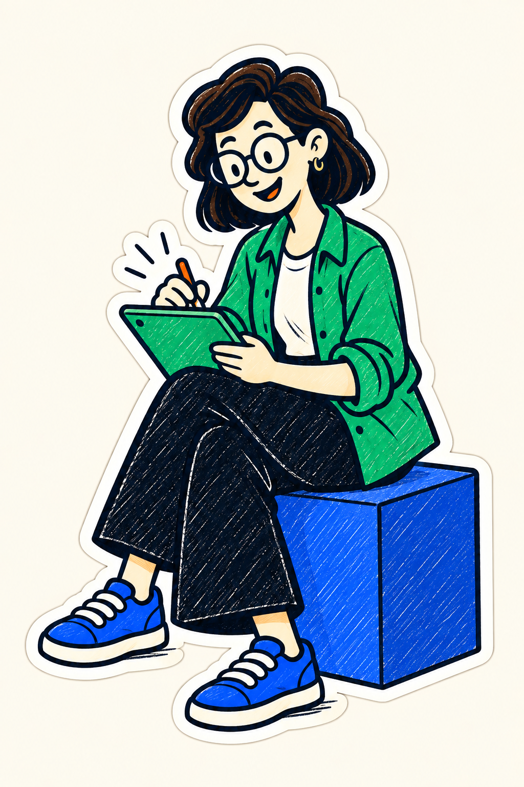 Illustrated analyst seated reviewing a tablet