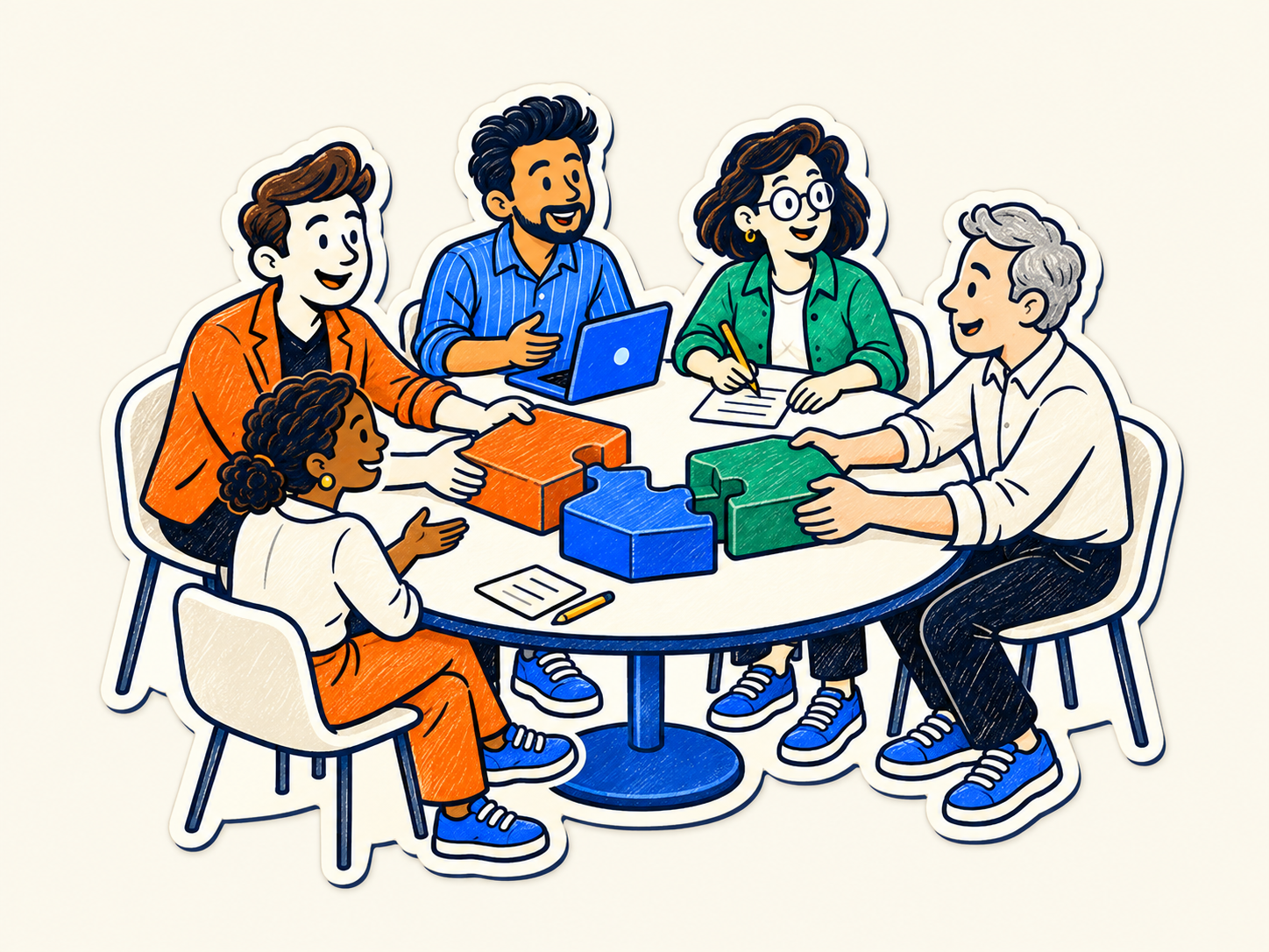 BigWork teammates and client colleagues building together around a round table